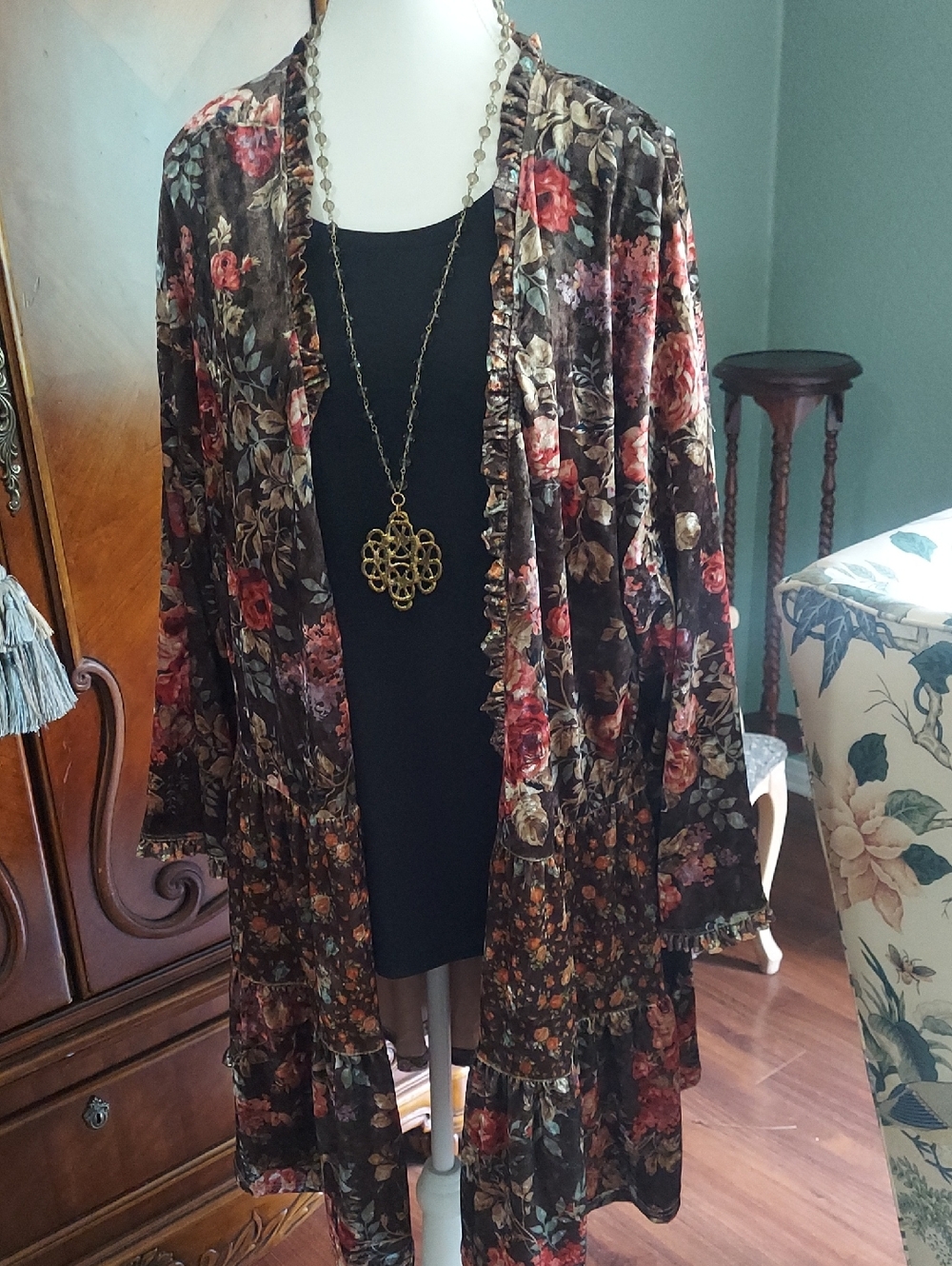 Floral Ruffle-Trim Open Cardigan - Brown Floral